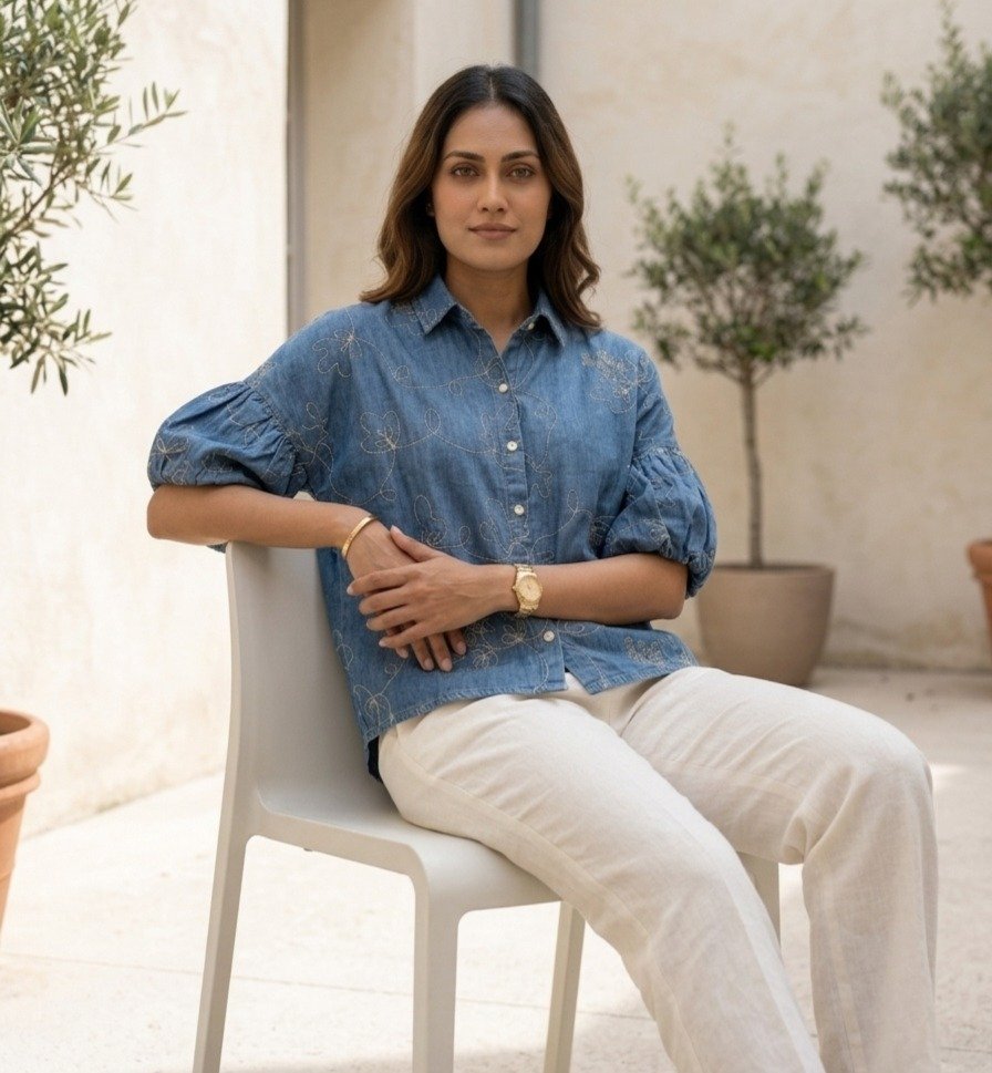 Embroidered Denim Puff Sleeve Shirt - Image 2