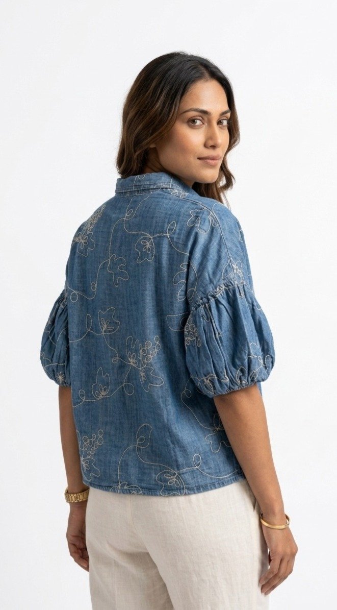 Embroidered Denim Puff Sleeve Shirt - Image 3