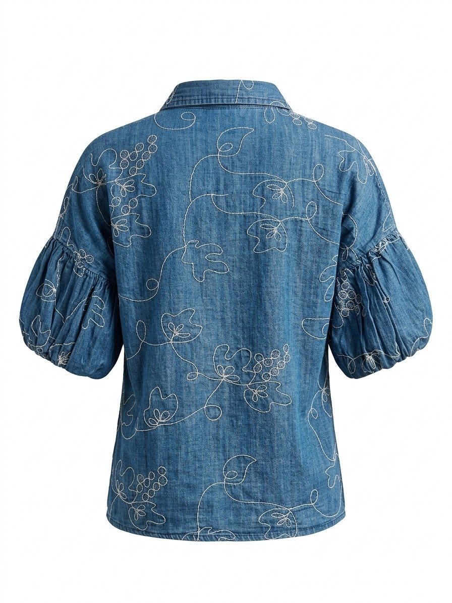 Embroidered Denim Puff Sleeve Shirt - Image 4