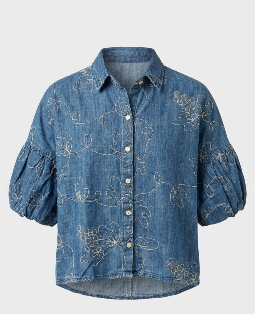 Embroidered Denim Puff Sleeve Shirt - Image 5