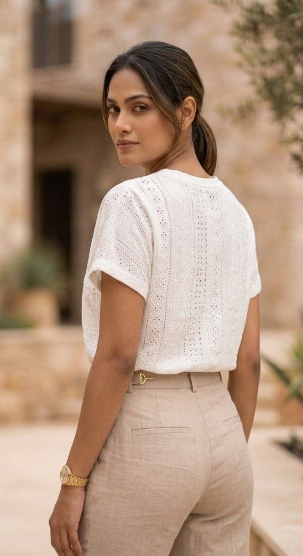 Premium White Eyelet Cotton Tee - Image 2