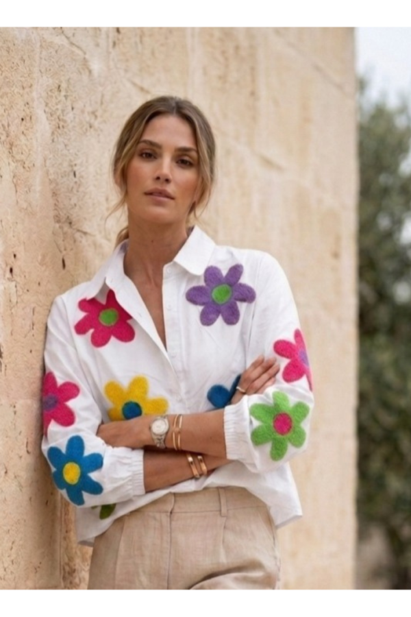 White Floral Applique Casual Shirt