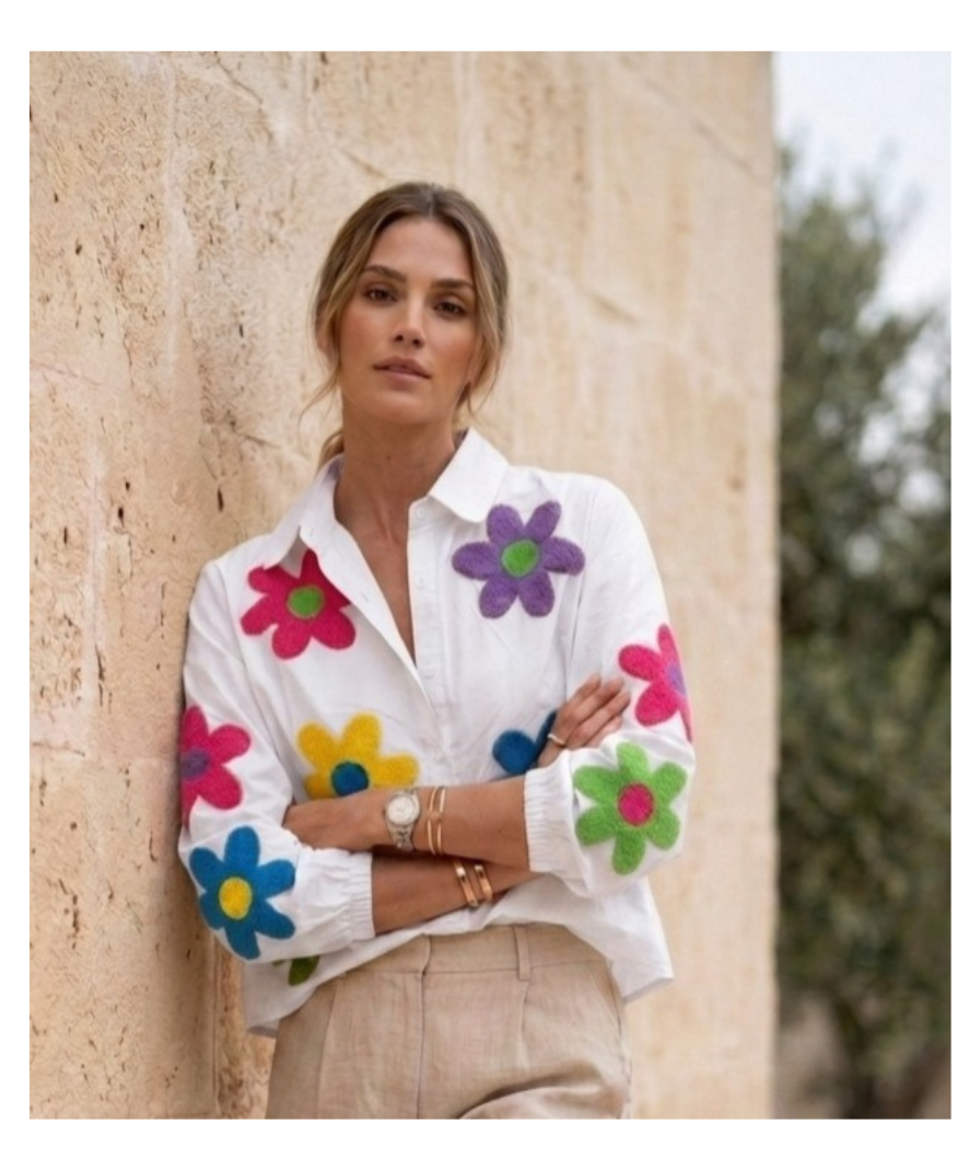 White Floral Applique Casual Shirt