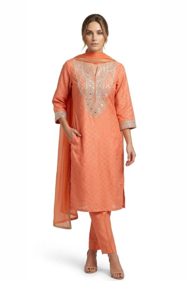 Women Peach Embroidered Suit