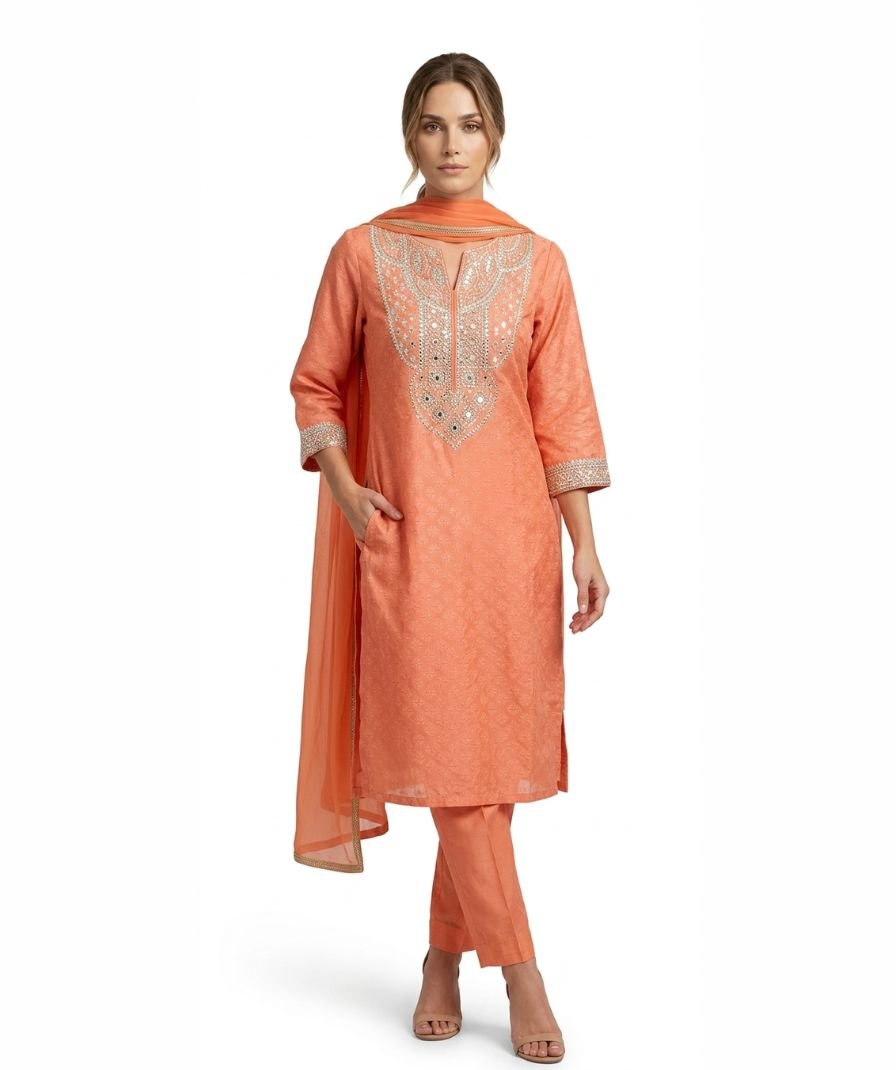 Women Peach Embroidered Suit
