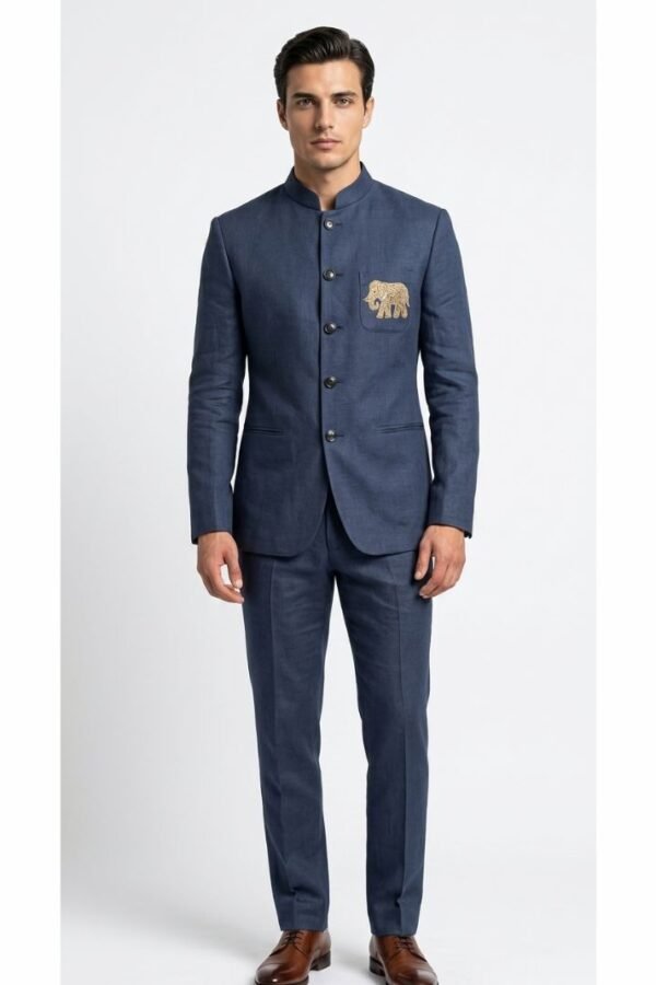 Blue Embroidered Bandhgala Suit Set