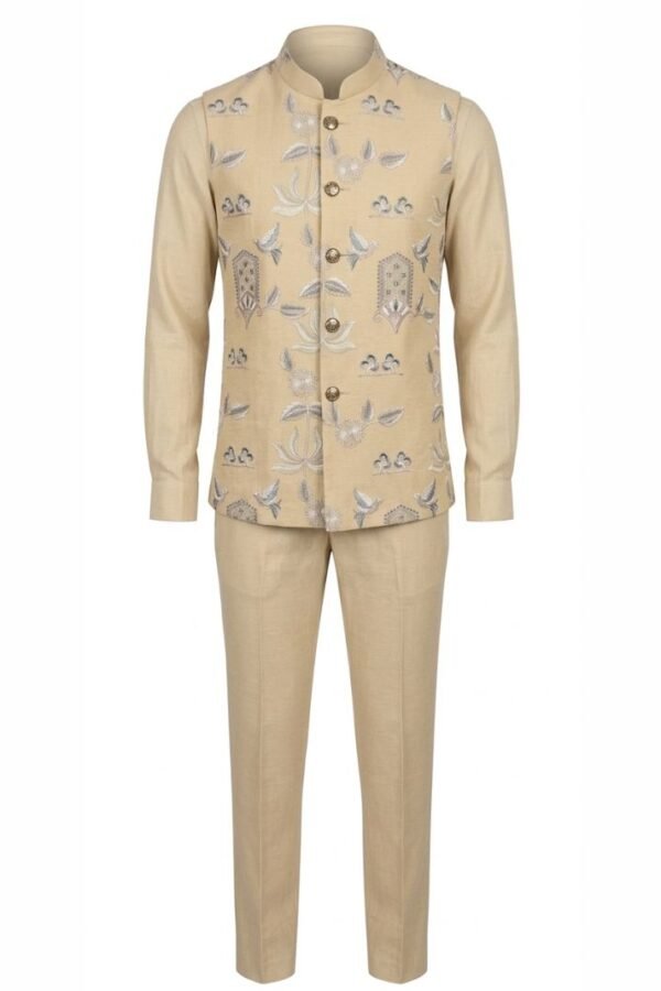 Beige Embroidered Nehru Jacket Set