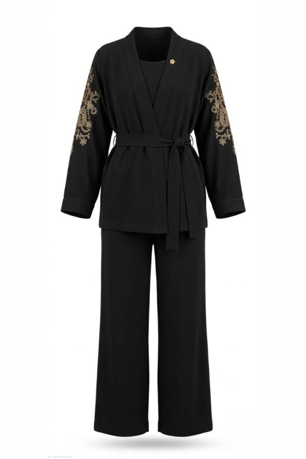 Black Embroidered Belted Co-ord Set