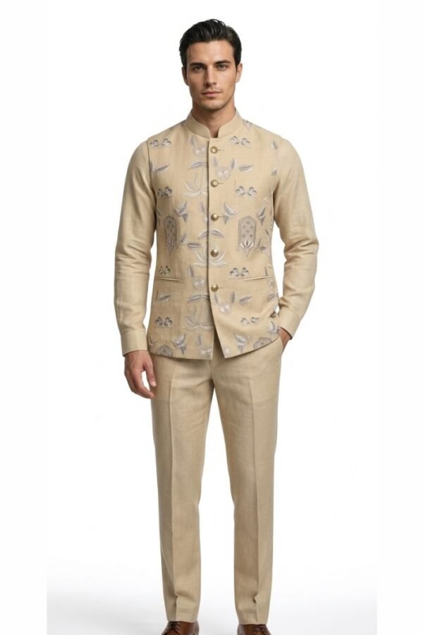 Beige Embroidered Nehru Jacket Set