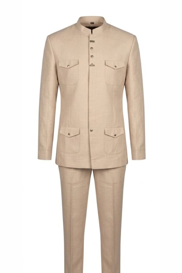 Beige Safari Bandhgala Suit Set