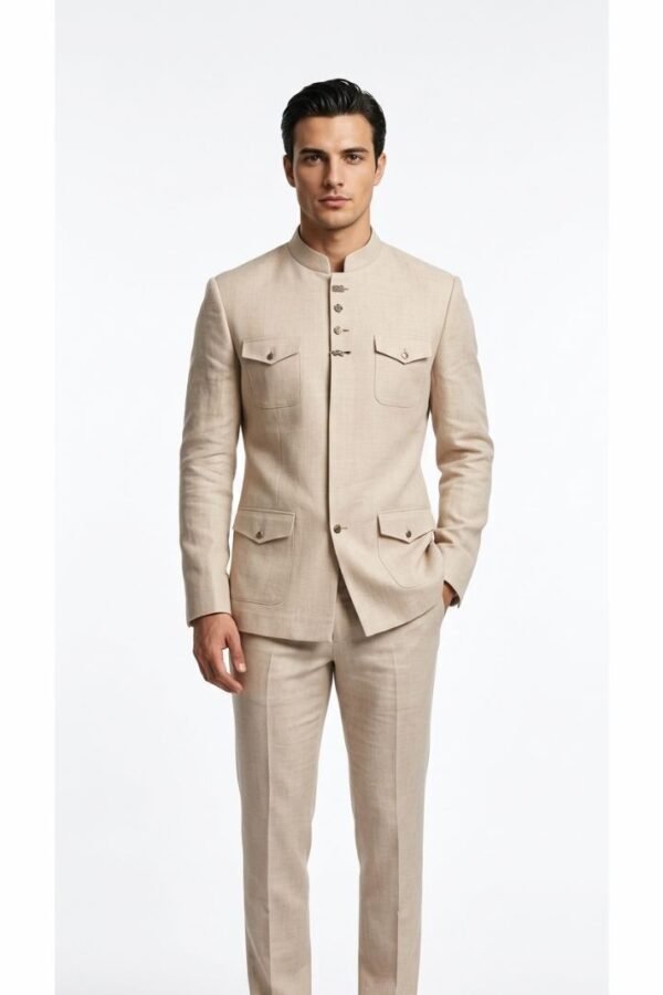 Beige Safari Bandhgala Suit Set
