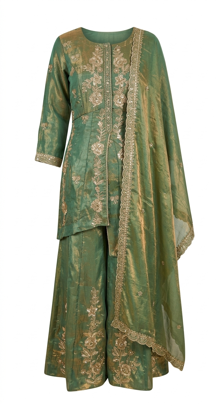 Embroidered Olive Green Kurta Set - Image 4