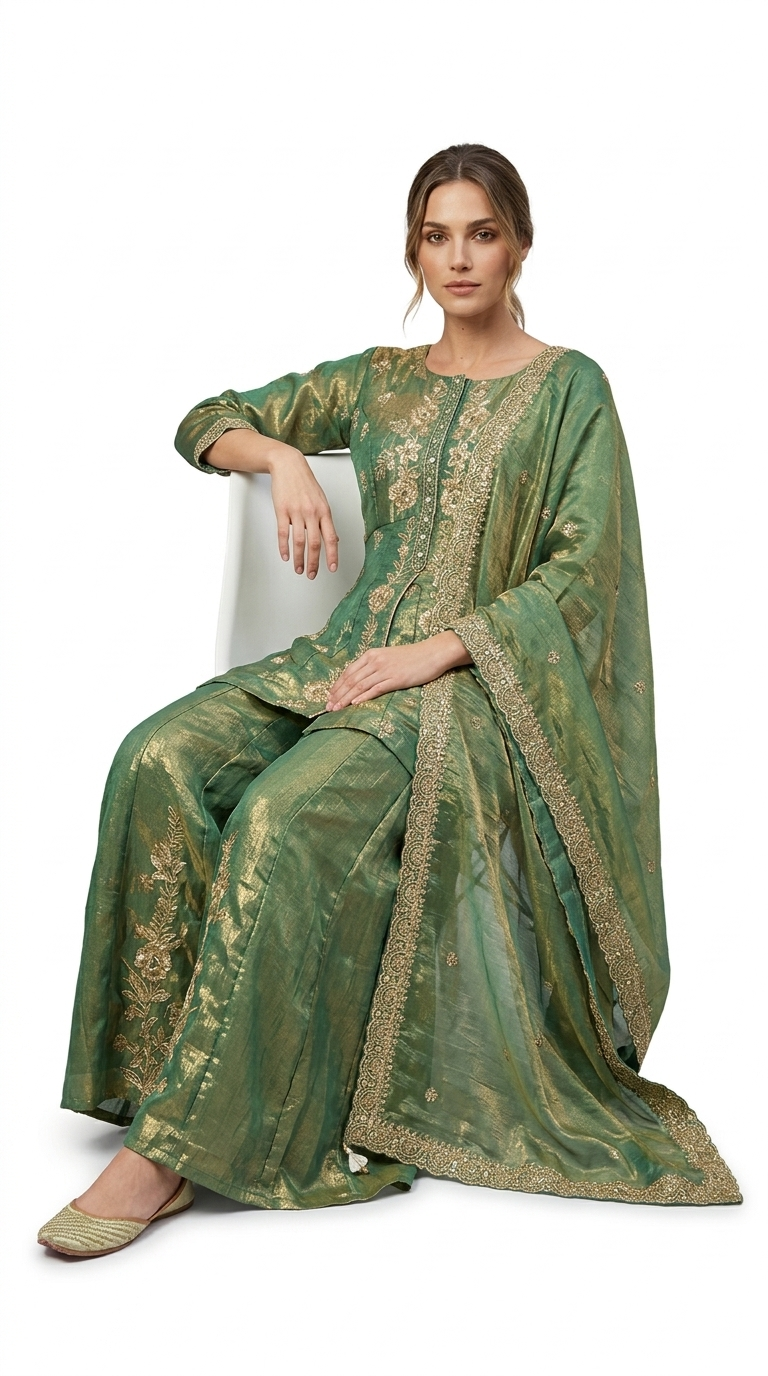 Embroidered Olive Green Kurta Set - Image 3