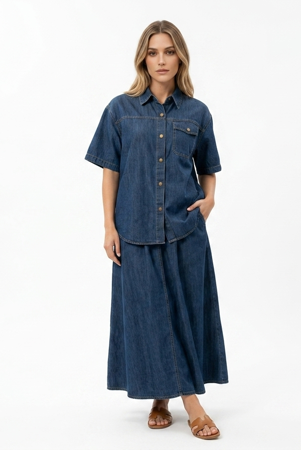 Denim Shirt and Skirt Set
