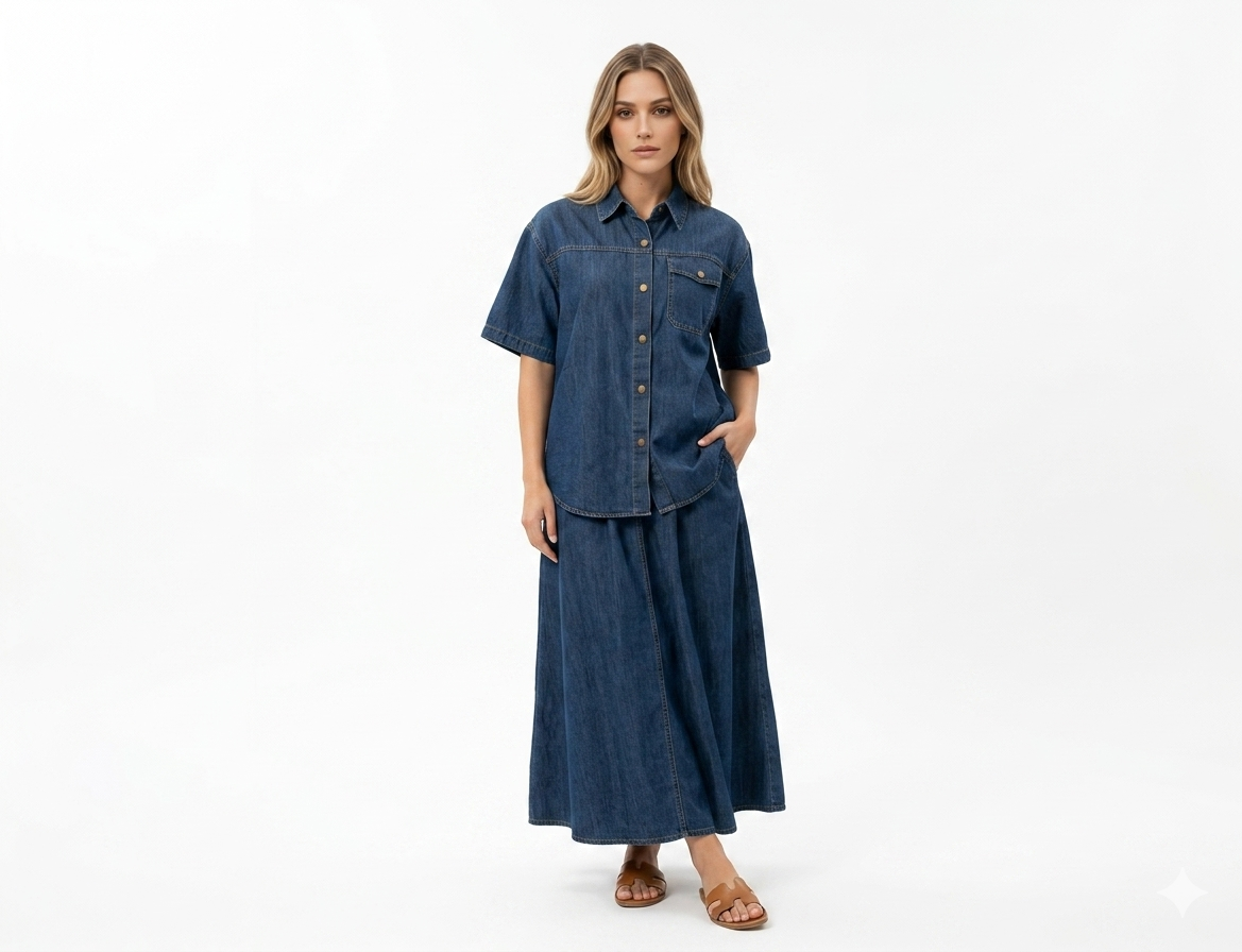Denim Shirt and Skirt Set