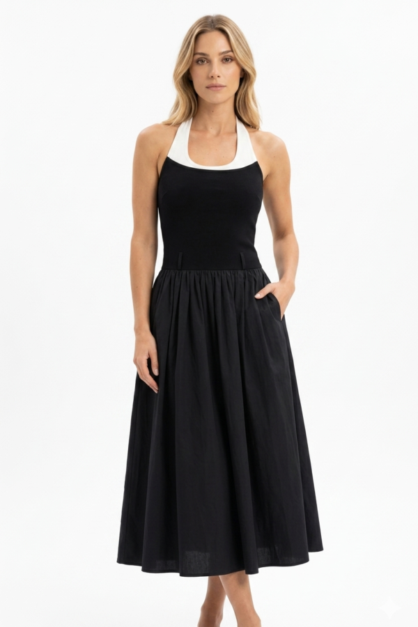 Black Contrast Halter Midi Dress