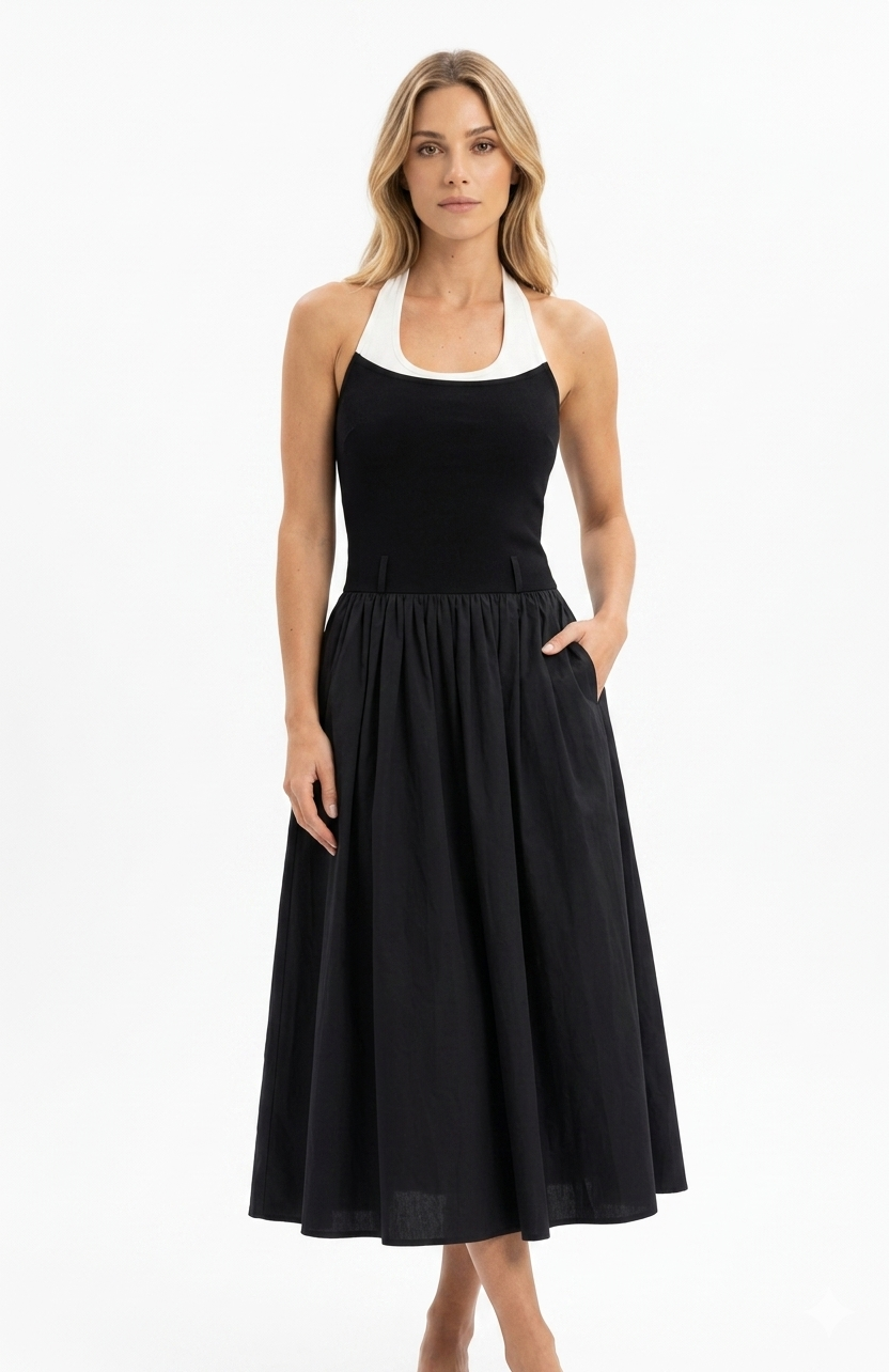 Black Contrast Halter Midi Dress
