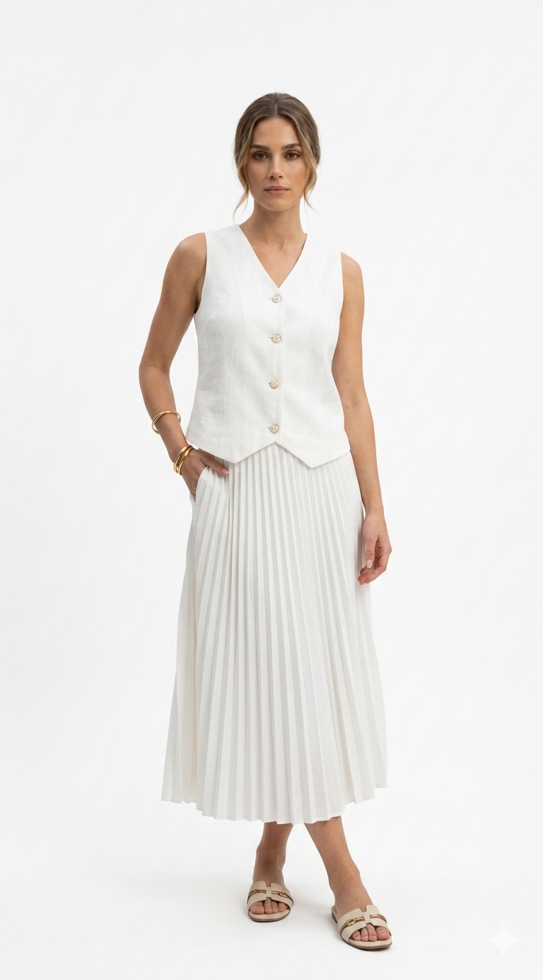 White Waistcoat and Pleated Skirt
