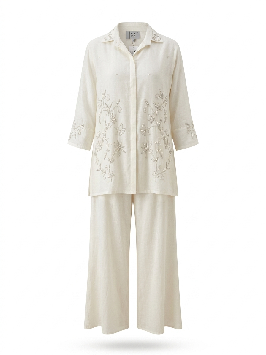 Embroidered Beige Co-ord Set - Image 2