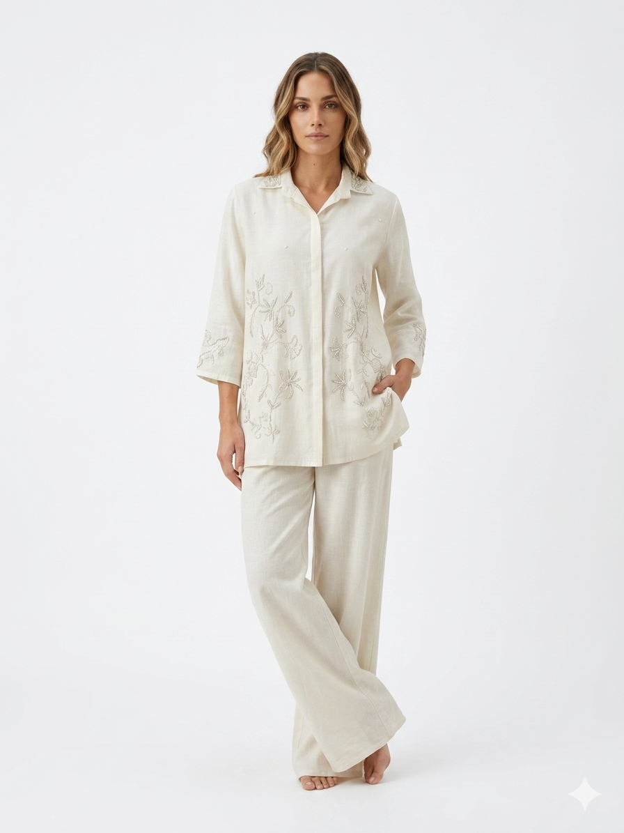 Embroidered Beige Co-ord Set