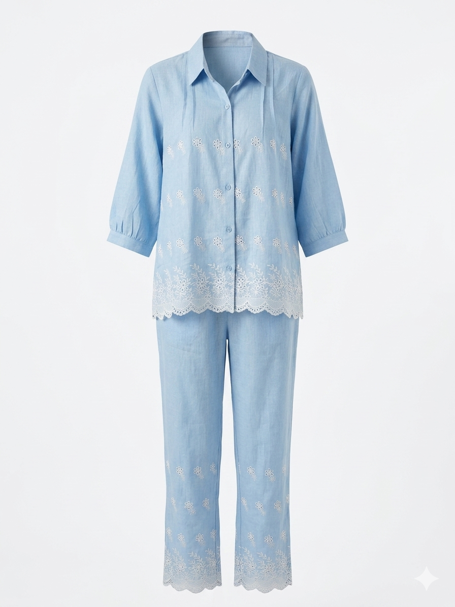Embroidered Blue Co-ord Set - Image 4
