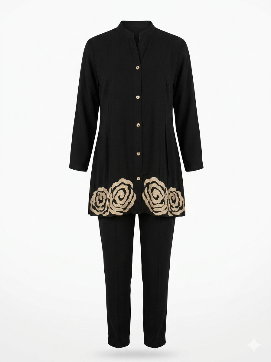 Black Embroidered Tunic Pant Set - Image 3