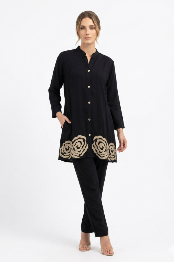 Black Embroidered Tunic Pant Set