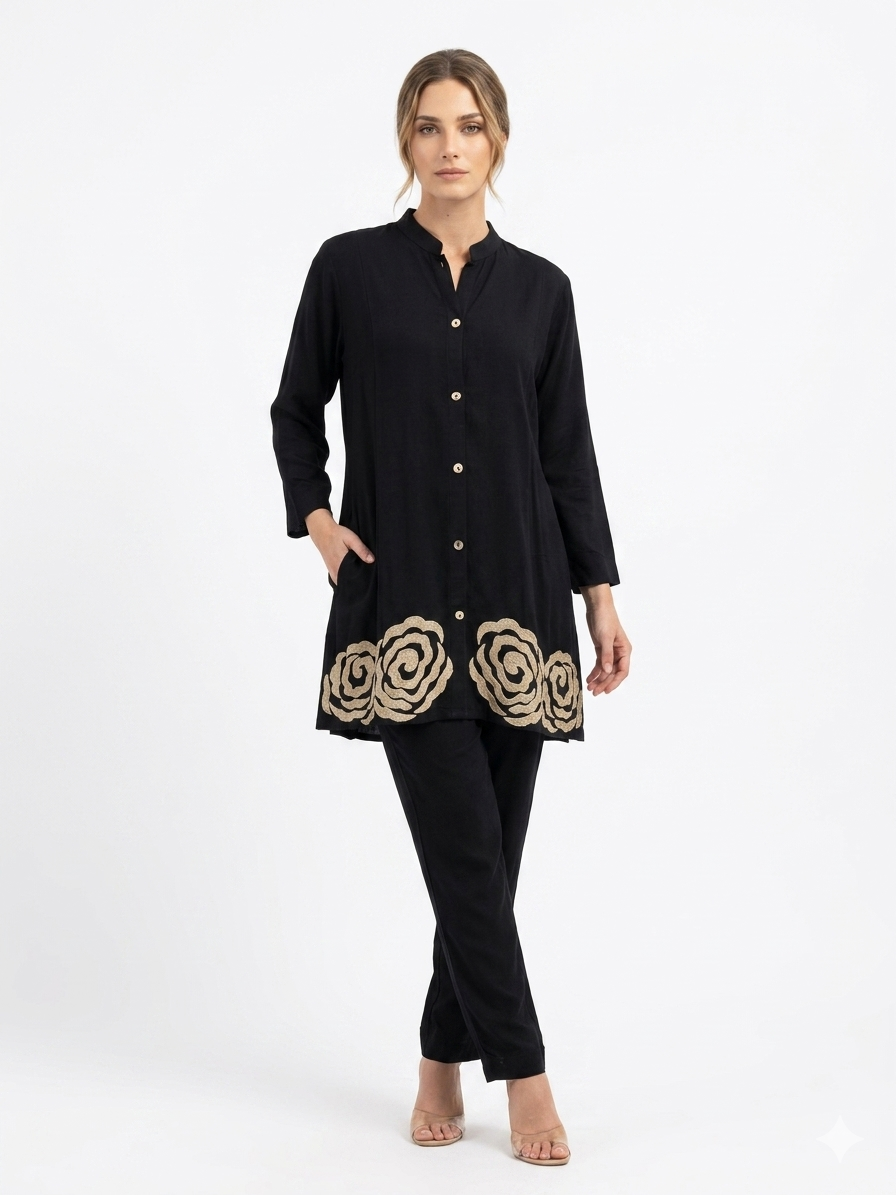 Black Embroidered Tunic Pant Set
