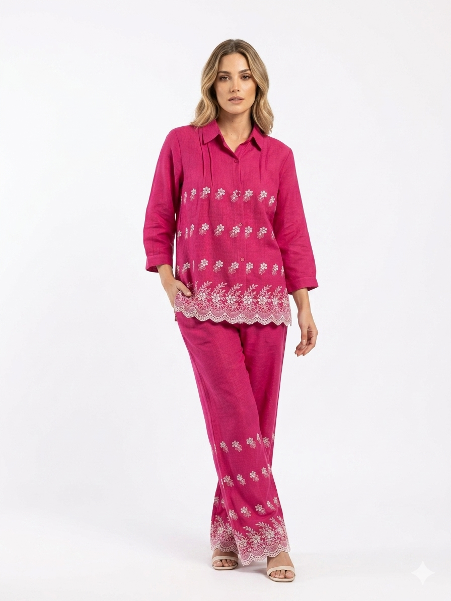 Embroidered Pink Scalloped Co-ord Set