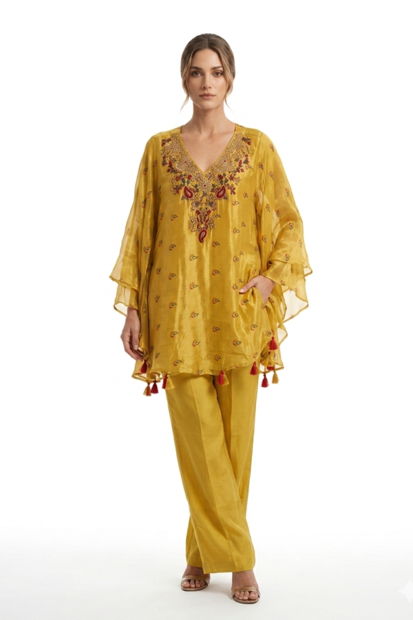 Embroidered Mustard Kaftan Co-ord Set