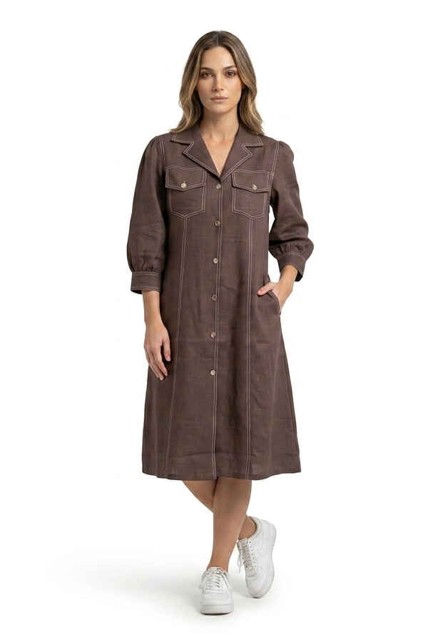 Brown Contrast Stitch Shirt Dress