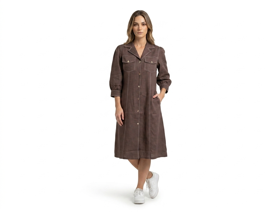 Brown Contrast Stitch Shirt Dress