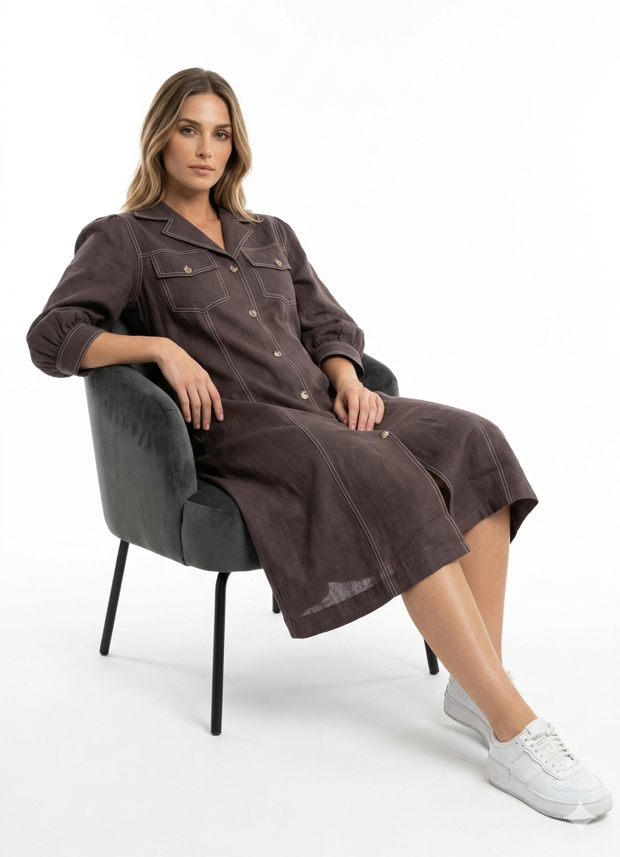 Brown Contrast Stitch Shirt Dress - Image 4