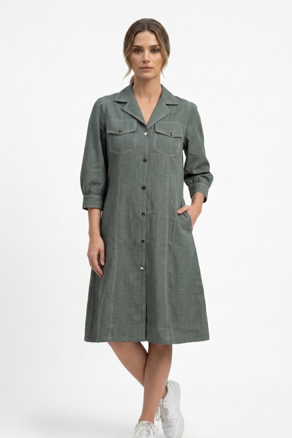 Olive Contrast Stitch Shirt Dress