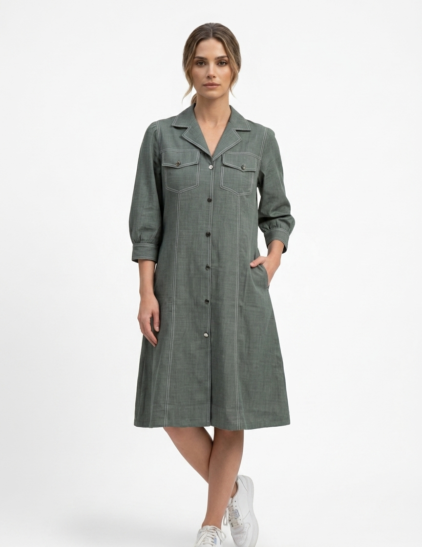 Olive Contrast Stitch Shirt Dress