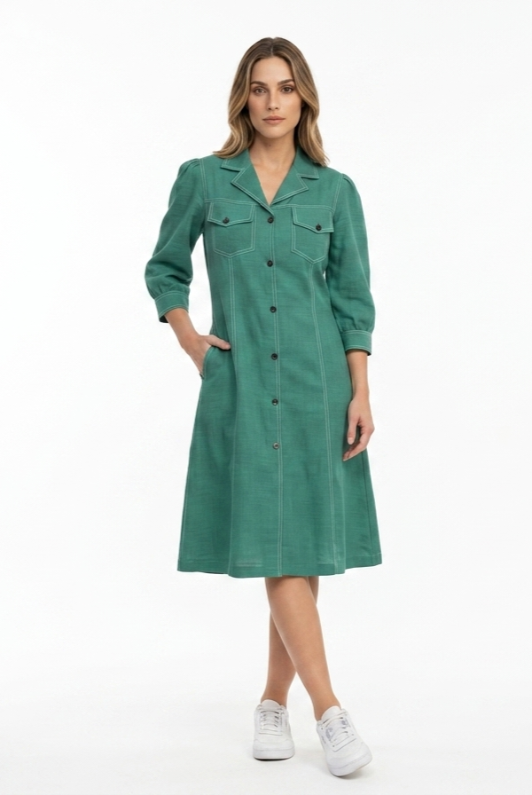 Green Contrast Stitch Shirt Dress