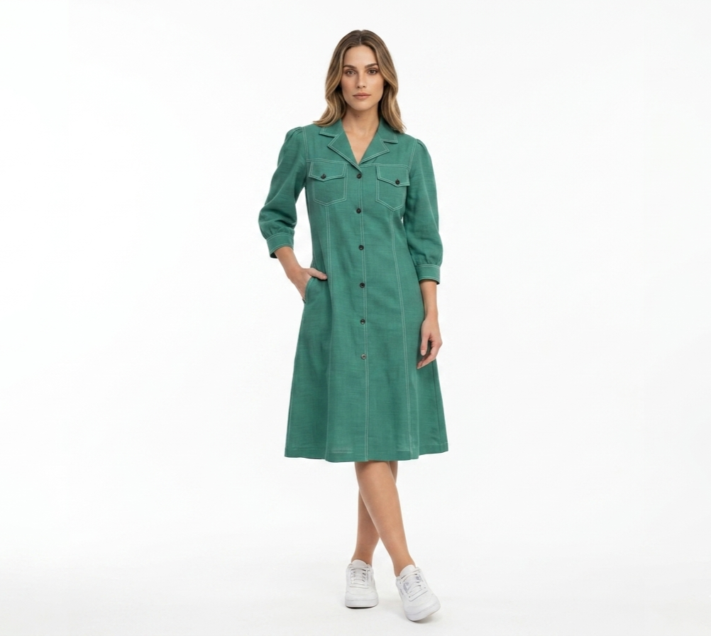 Green Contrast Stitch Shirt Dress