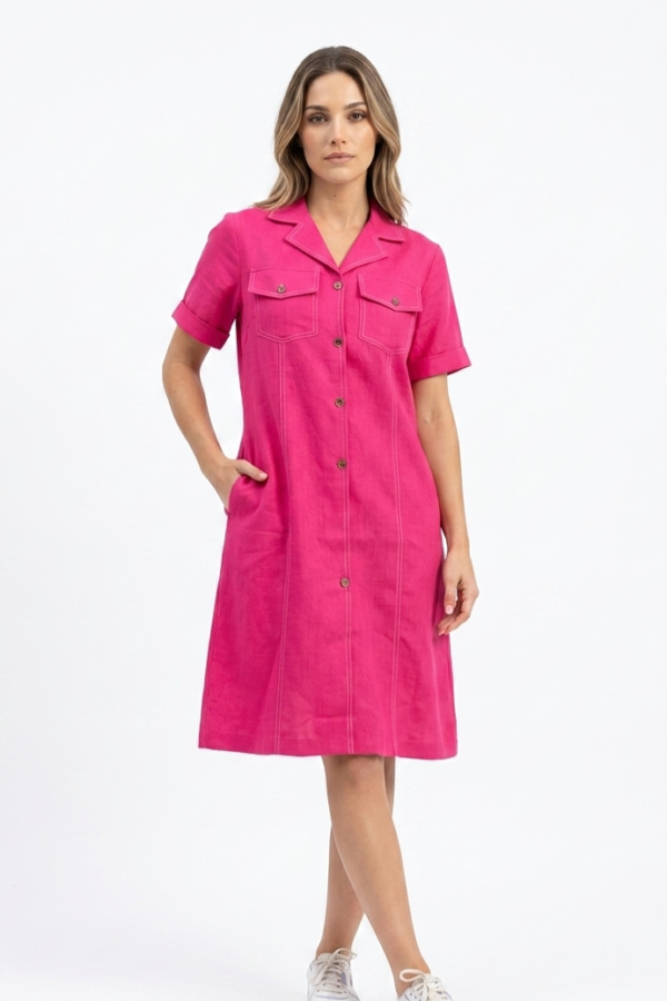 Pink Contrast Stitch Shirt Dress
