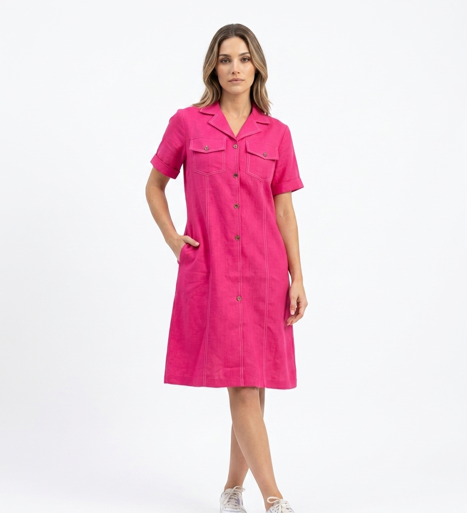 Pink Contrast Stitch Shirt Dress