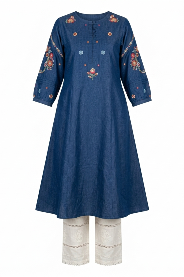 Blue Floral Embroidered Denim Kurti