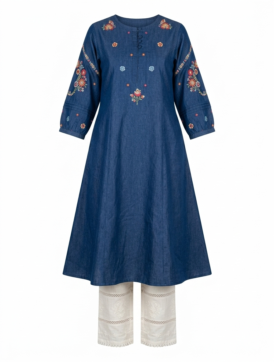 Blue Floral Embroidered Denim Kurti - Image 2