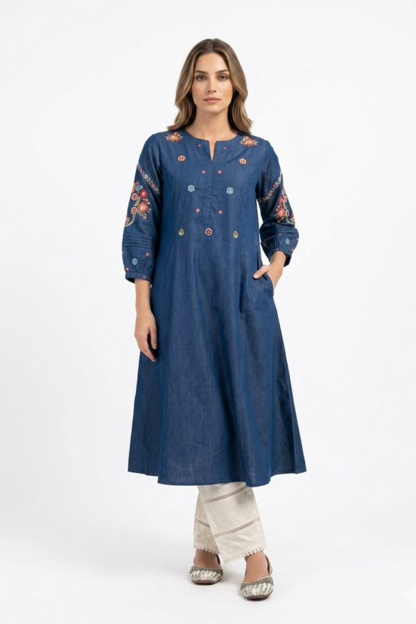 Blue Floral Embroidered Denim Kurti