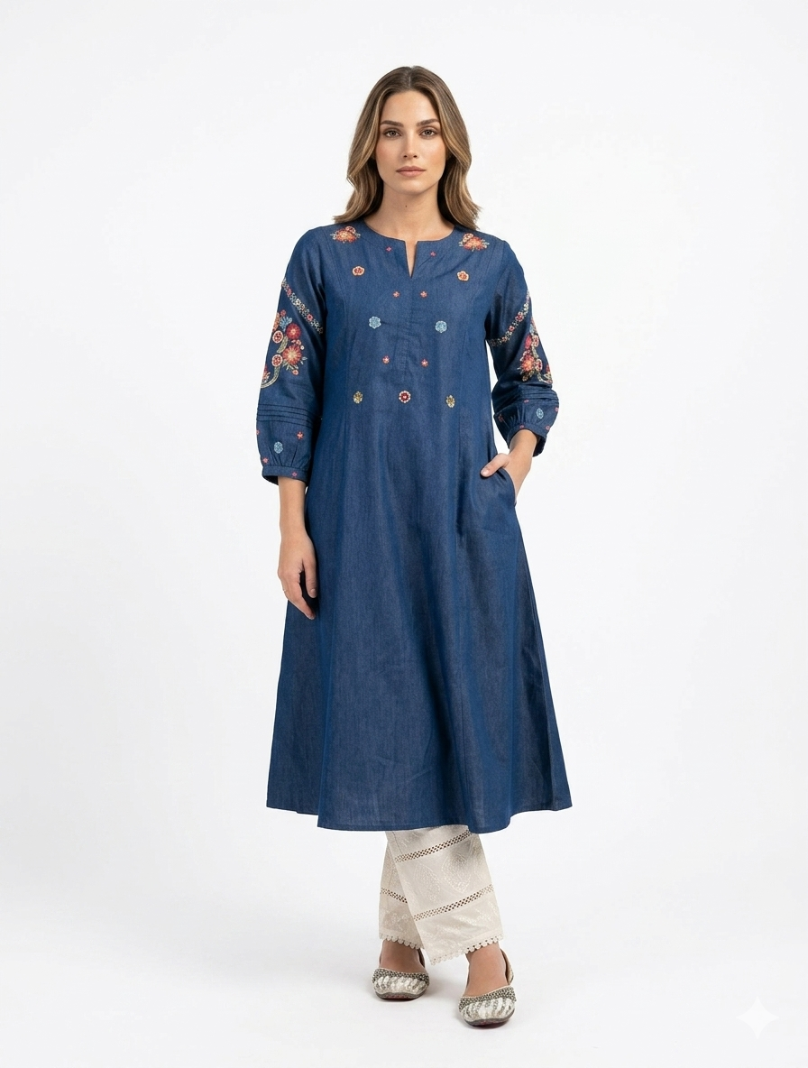 Blue Floral Embroidered Denim Kurti