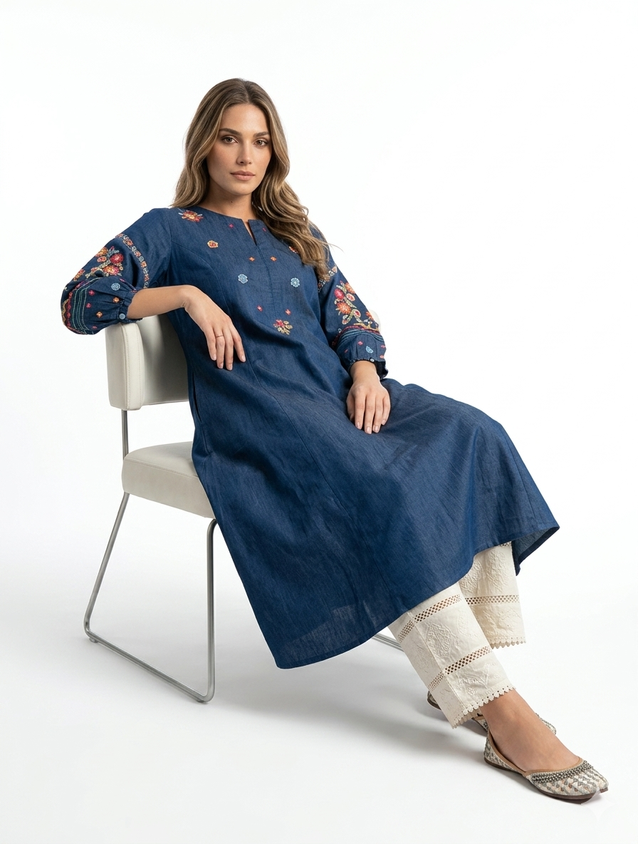 Blue Floral Embroidered Denim Kurti - Image 4