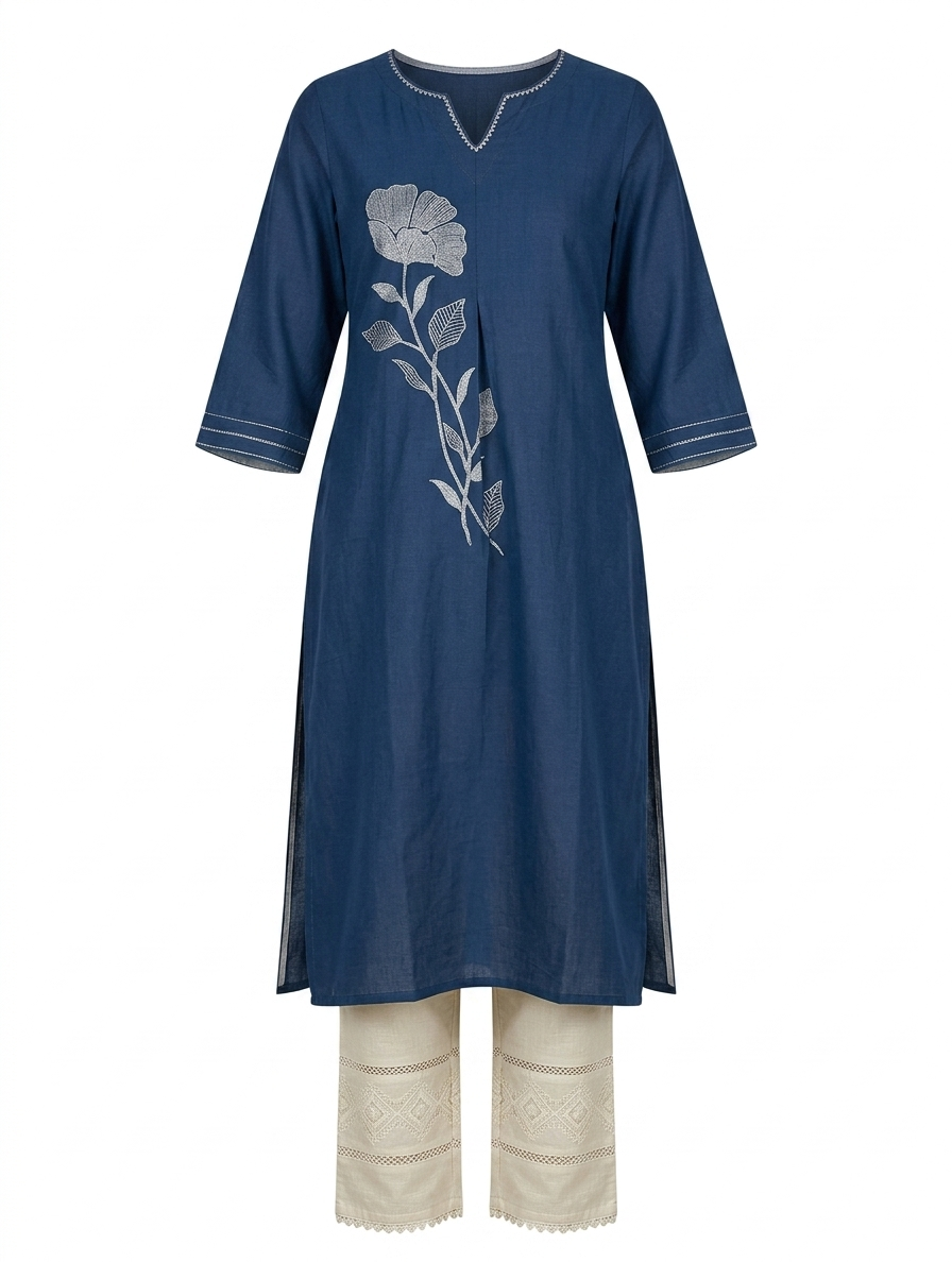 Blue Floral Embroidered Denim Kurti - Image 2
