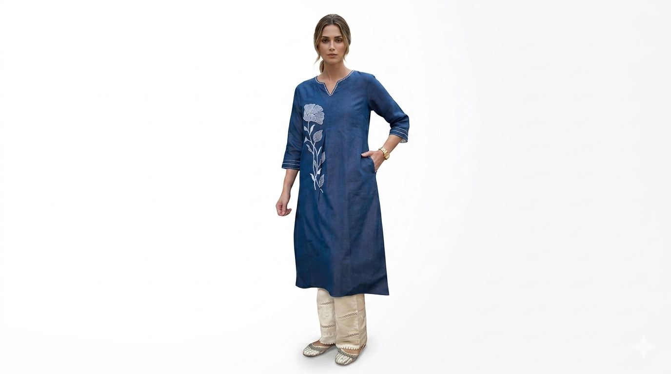 Blue Floral Embroidered Denim Kurti - Image 3