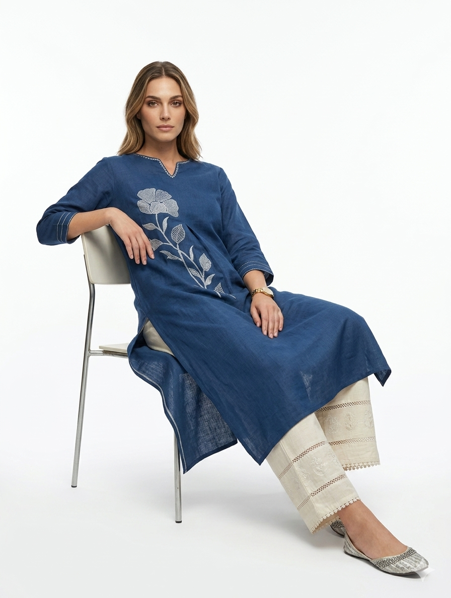 Blue Floral Embroidered Denim Kurti - Image 4