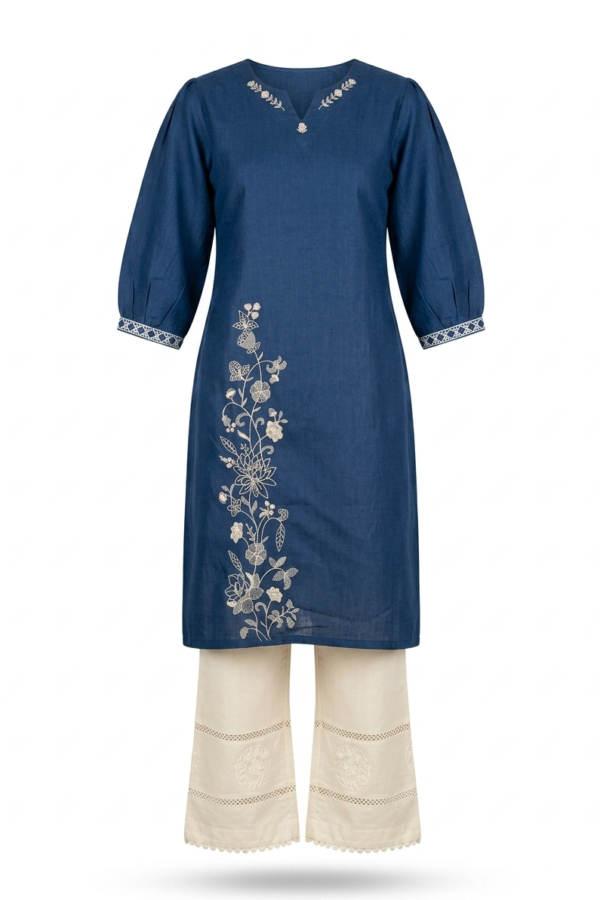 Blue Embroidered Denim Ethnic Kurti