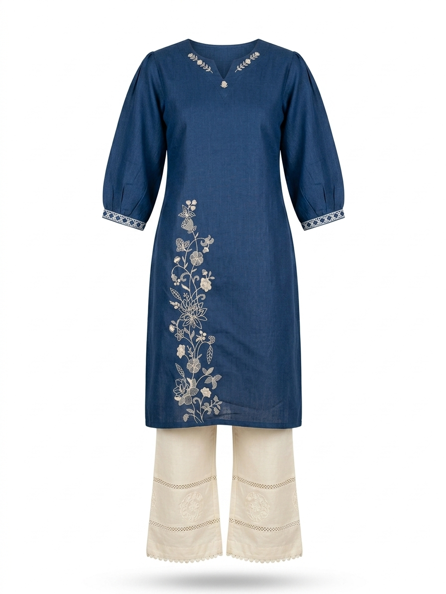 Blue Embroidered Denim Ethnic Kurti - Image 2