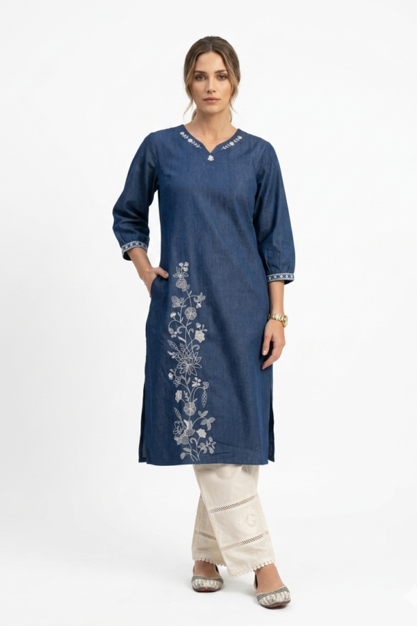 Blue Embroidered Denim Ethnic Kurti